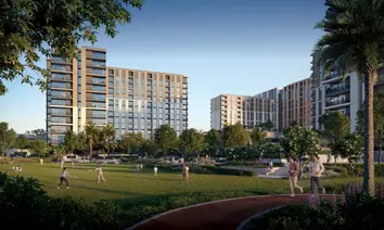 Expo Living: apartment buildings around a lawn with people walking and playing